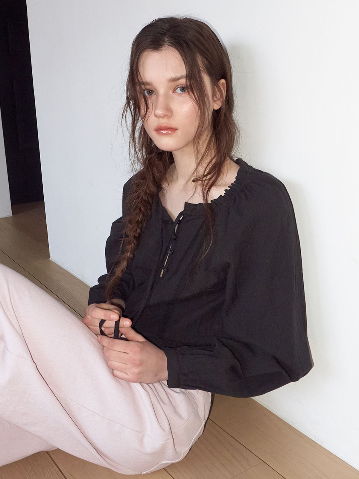 에트몽(ETMON) Cotton Lace Button Blouse, Black