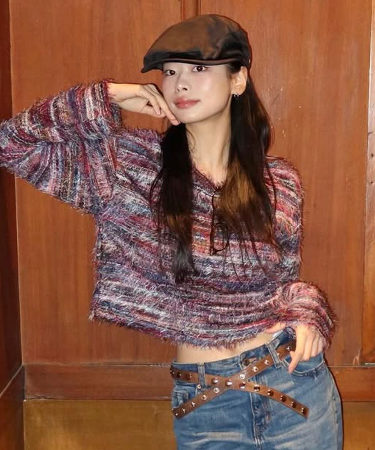 드마크(DEMARC) RAINBOW STRIPE CROP LONG SLEEVE KNIT -  Pink