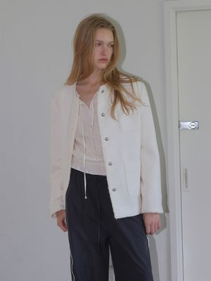 Round Fringe Tweed Jacket, Ivory