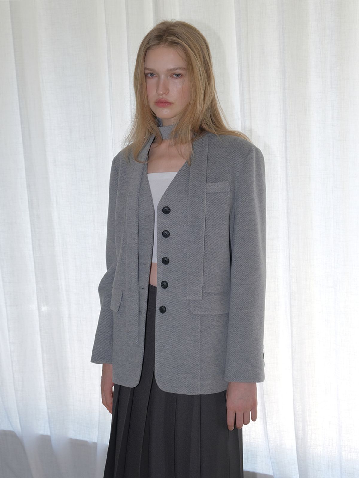 에트몽(ETMON) V-Neck Scarf Jacket, Grey