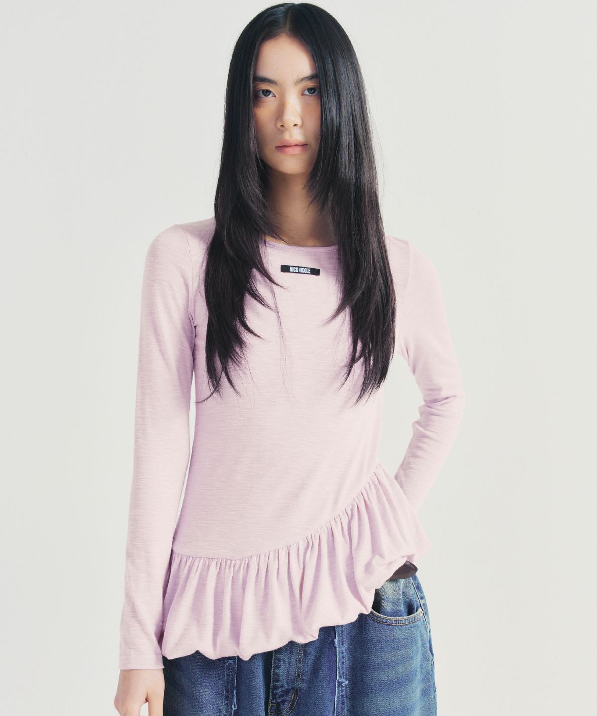 닉앤니콜(NICK&NICOLE) RUFFLE LABEL LONG SLEEVE TOP_PINK