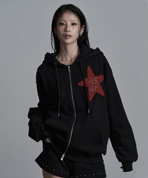 스타 패치 오버핏 후드 집업 블랙