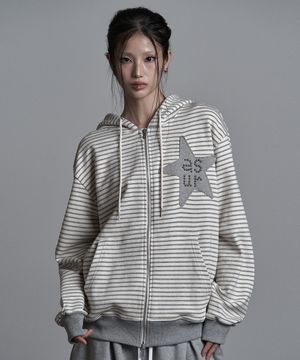 스타 패치 오버핏 후드 집업 아이보리 멜란지