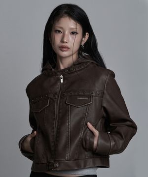 트랙 레더 후디 자켓 브라운