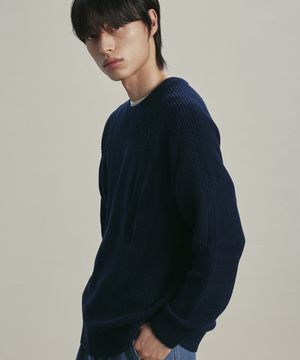 [니티드X패션플래닛] 코튼 와플 라운드 니트 NAVY