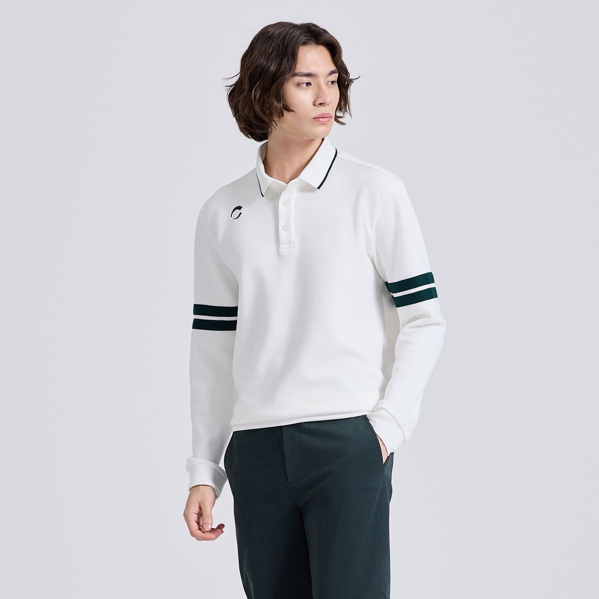 챌린저(CHALLENGER) 남성 더블라인 소매배색 카라넥 긴팔 티셔츠 화이트