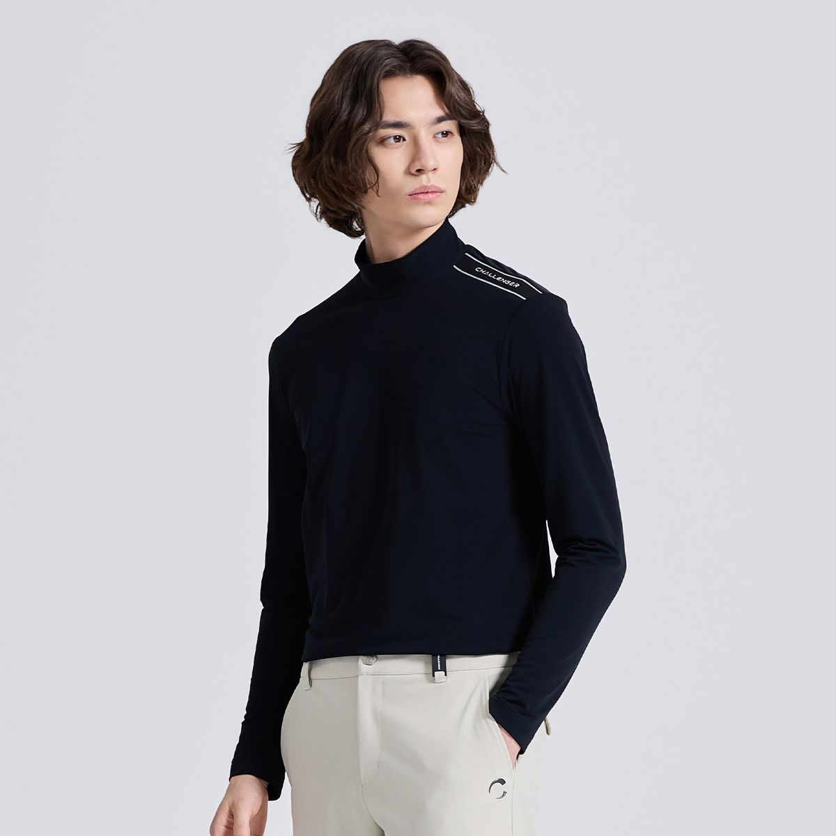 챌린저(CHALLENGER) 남성 컴포트 저지 어깨립 디테일 모크넥 긴팔 티셔츠 블랙