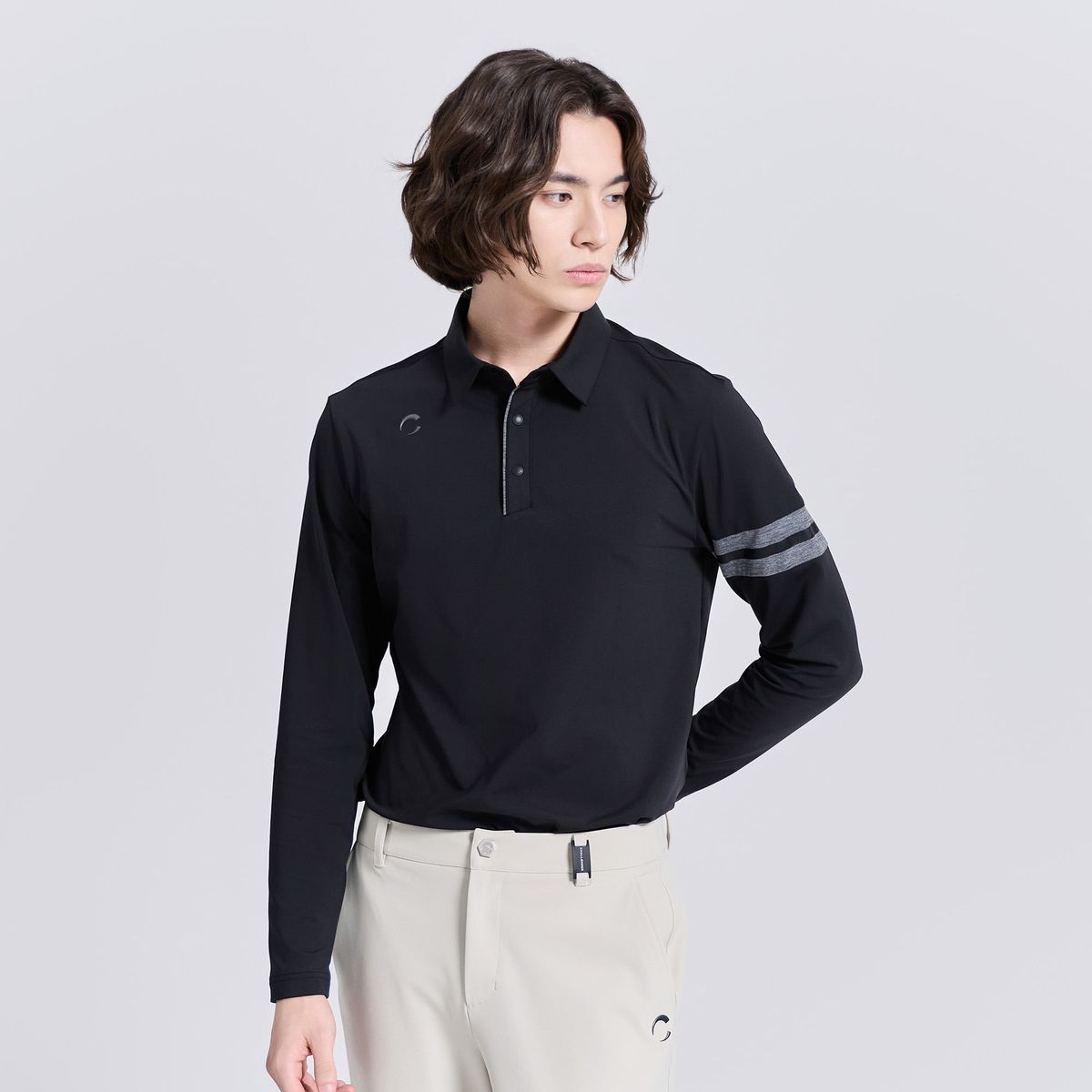 챌린저(CHALLENGER) 남성 모던 소매라인 포인트 카라 긴팔 티셔츠 블랙