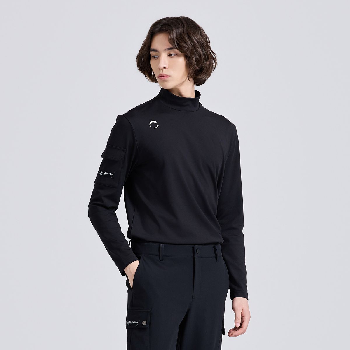 챌린저(CHALLENGER) 남성 테크핏 스트레치 모크넥 긴팔 티셔츠 블랙