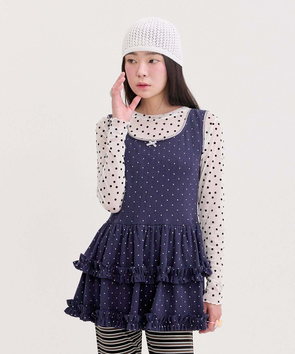 네프네프(NEFNEF) layered dot frill dress_navy