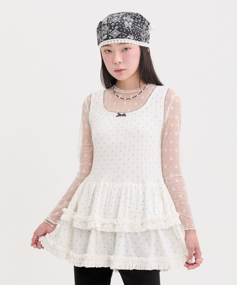 layered dot frill dress_white