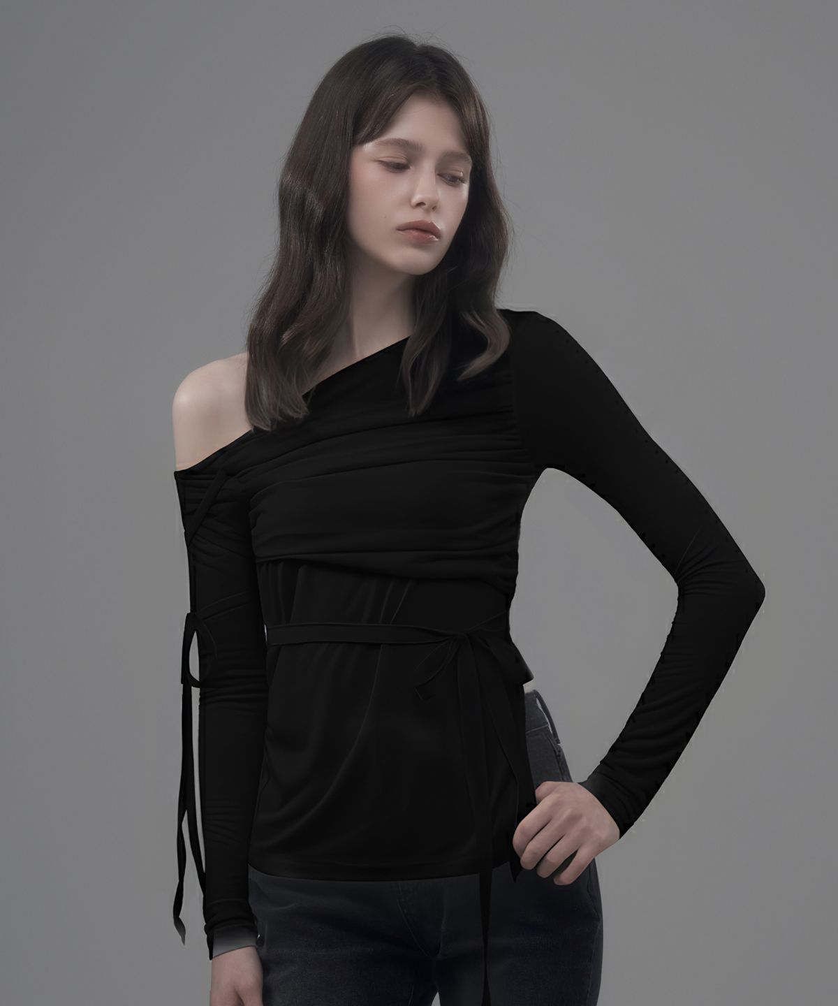 마우솔레움(MAU SOLEUM) Double Ribbon Sheer Top - Black