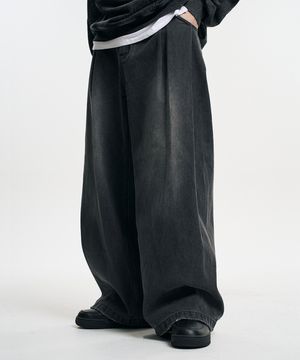 빈티지 투턱 와이드 커브드 데님 팬츠 워시드 블랙