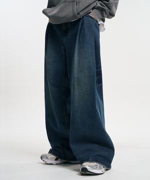 빈티지 투턱 와이드 커브드 데님 팬츠 워시드 딥블루