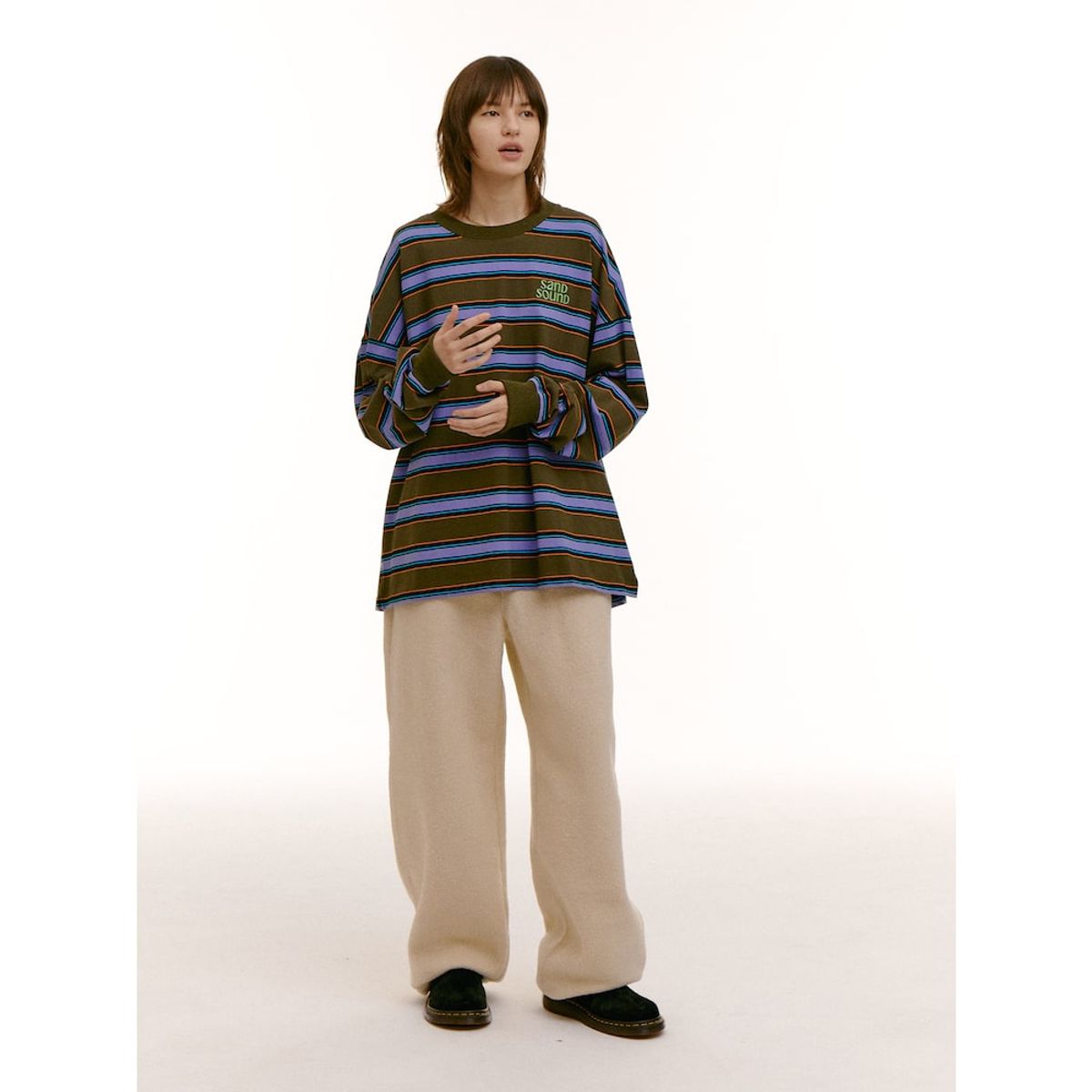 샌드 사운드(SAND SOUND) (UNISEX) 스트라이프 롱슬리브 티셔츠  카키