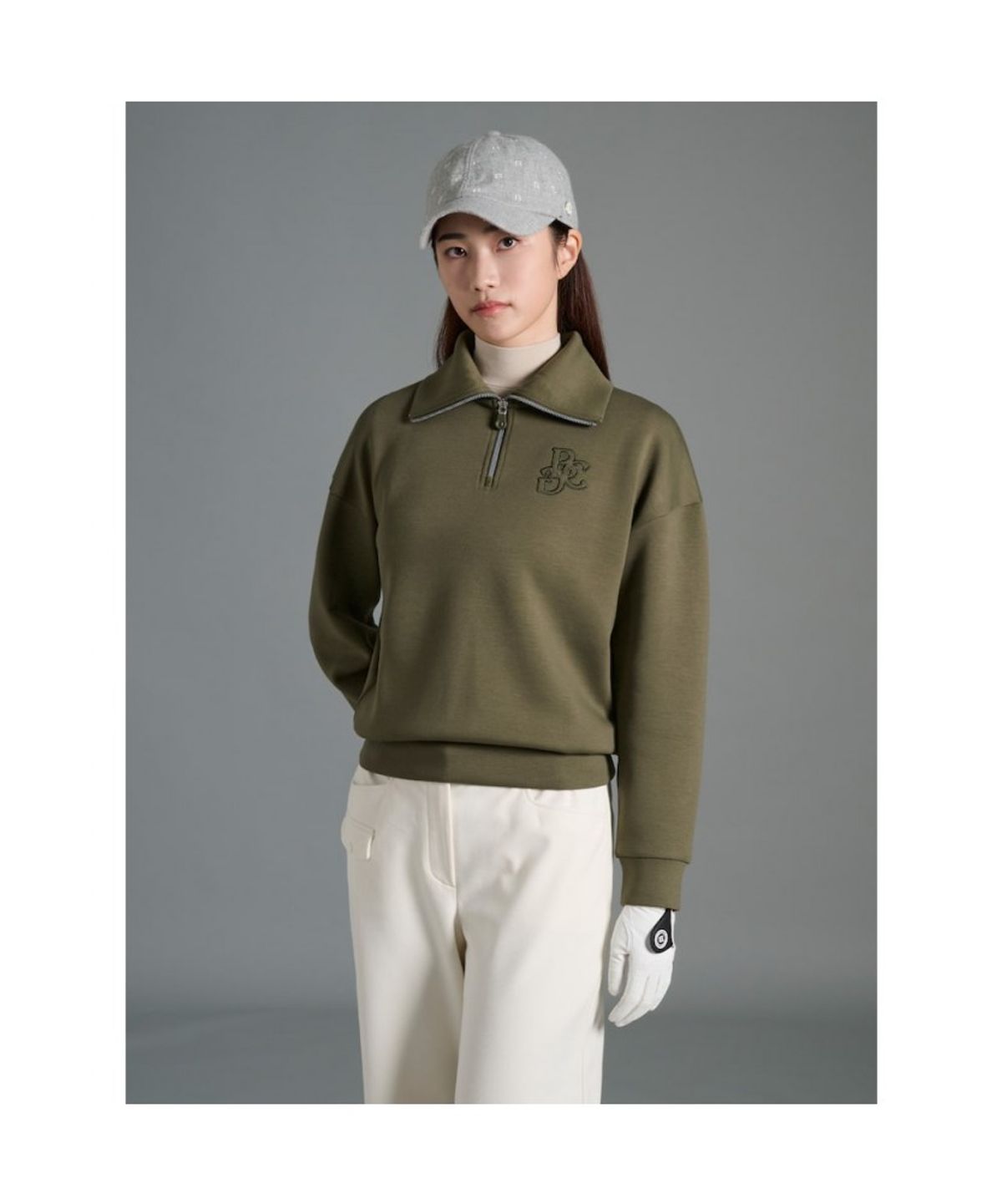 빈폴골프(BEANPOLE GOLF) 여성 자카드 블루종핏 긴소매 티셔츠  카키