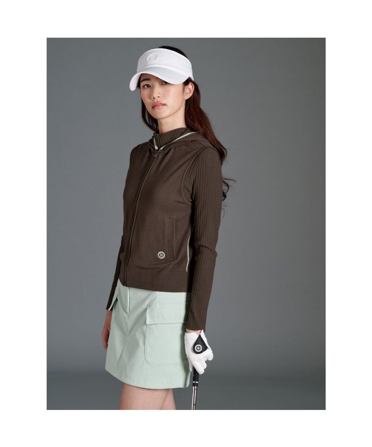 빈폴골프(BEANPOLE GOLF) 여성 후디 풀집업 니트 베스트  카키