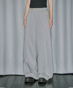 커버 스티치 벨트 와이드 스웨트 팬츠 - MELANGE GRAY