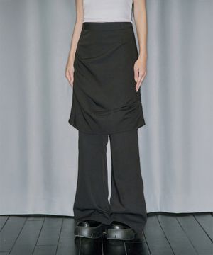 드레이프 핀턱 미디 스커트 팬츠 세트 - BLACK