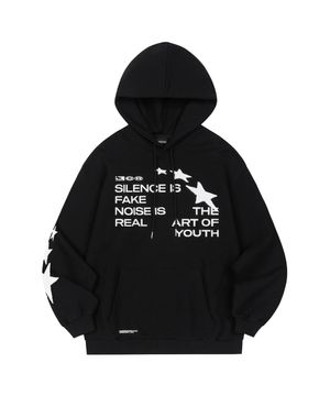 스타 아플리케 오버핏 후드 티셔츠 - BLACK