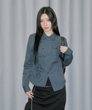 크로스 아플리케 슬림핏 체크 셔츠 - NAVY