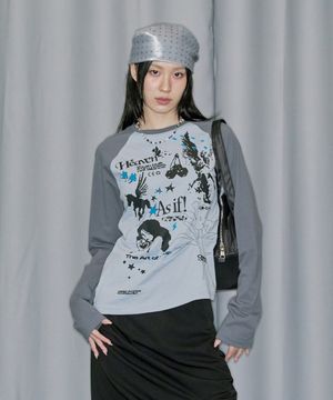 키치 스템프 핀턱 래글런 롱 슬리브 - GRAY BLUE