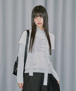 레이어드 스트라이프 머플러 세트 롱 슬리브 - SMOKE GRAY