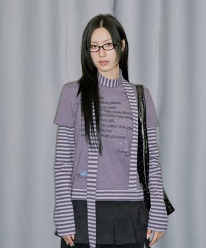 레이어드 스트라이프 머플러 세트 롱 슬리브 - GRAY PURPLE