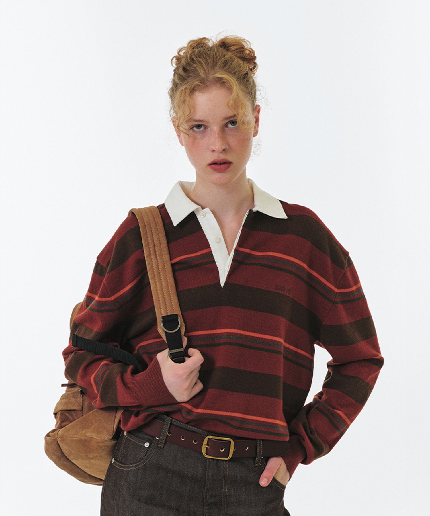 トップス GRVR GROVE MIA STRIPE COLLAR KNIT BK/BL 그로브(GROVE) MIA STRIPE COLLAR KNIT (ORANGE BROWN) - 사이즈