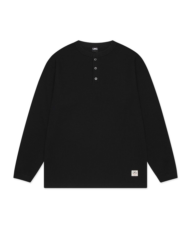 HENLEY NECK WAFFLE LONG SLV TEE black