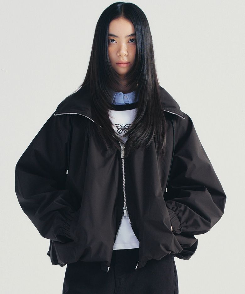 BALLOON SHIRRING HOOD JACKET_BLACK