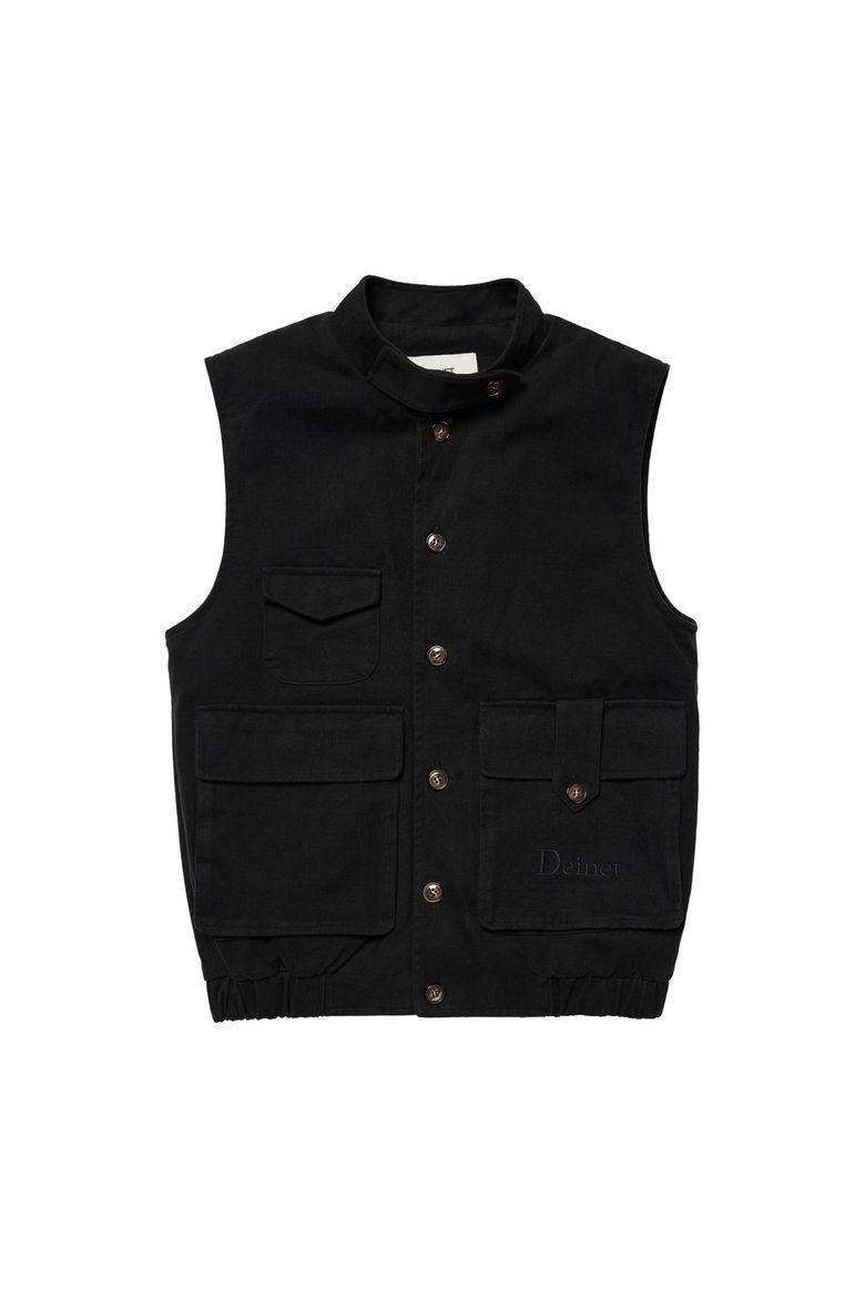DEINET MULTI POCKET COTTON VEST IN BLACK