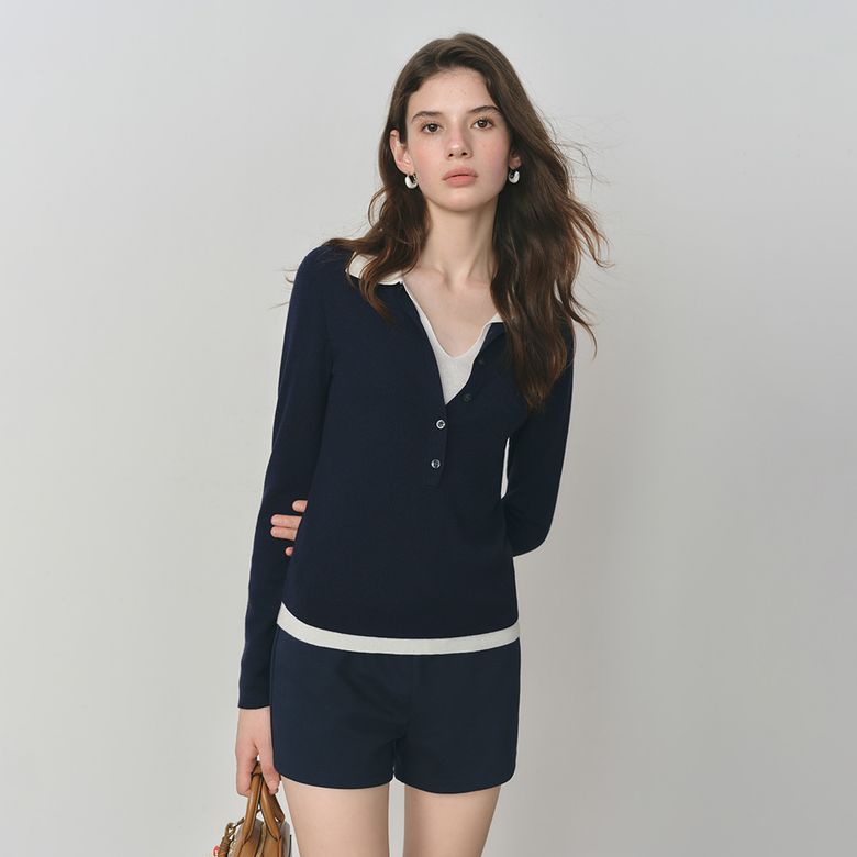 WD_Button fake two-piece knit top_NAVY
