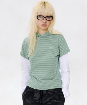 레이어드 슬리브 스트라이프 후드 티 [그린]