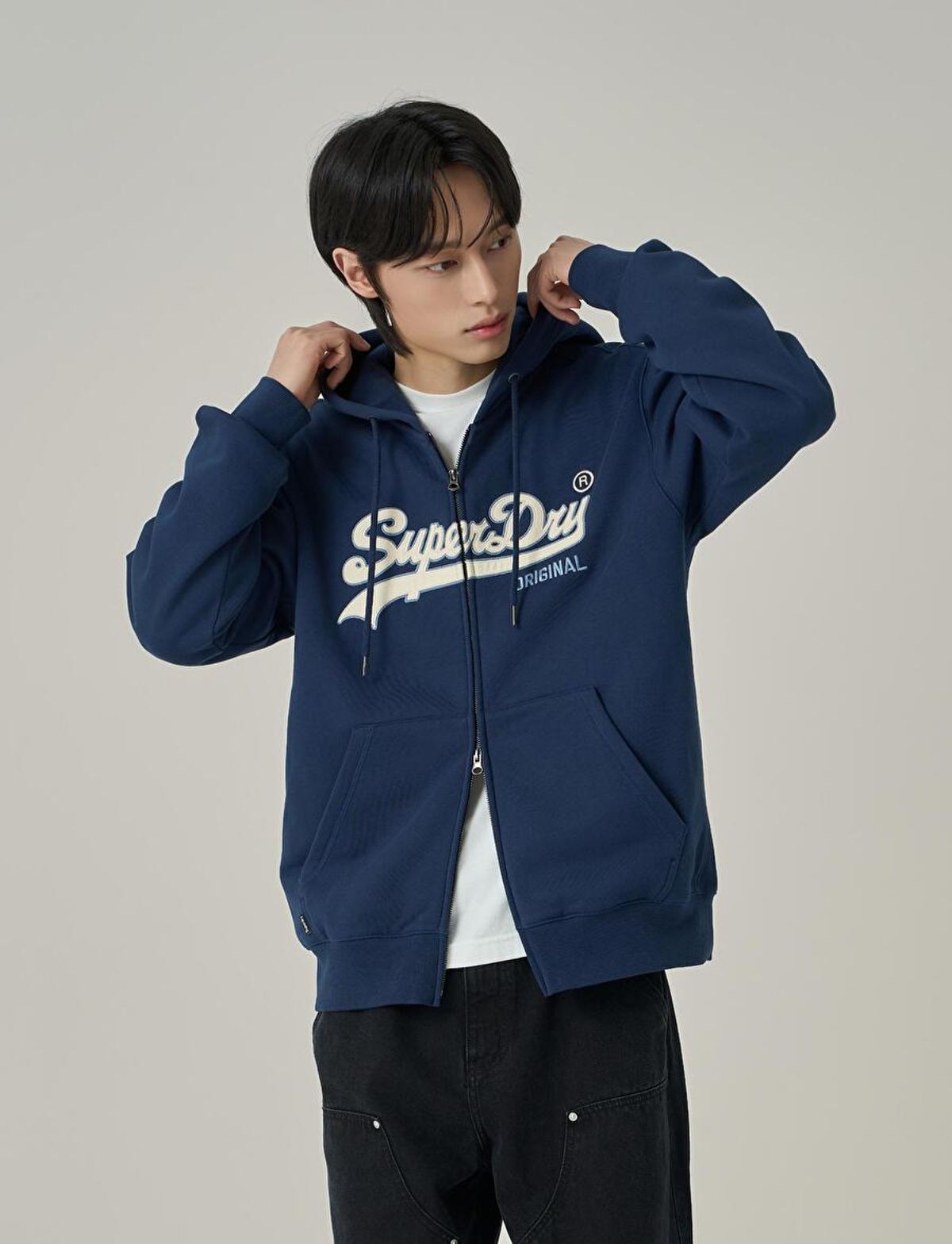 슈퍼드라이(SUPERDRY) 빈티지 로고 투웨이 후드집업 네이비