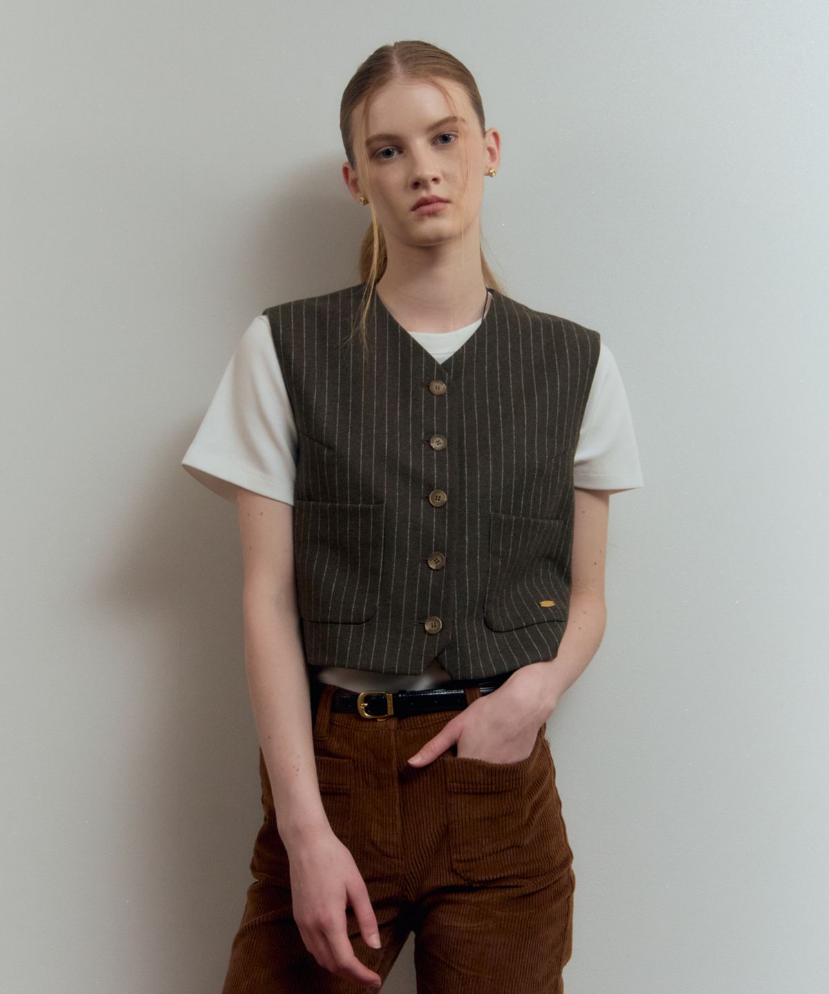 르메메(LEMEME) Garcon Stripe Vest Khaki