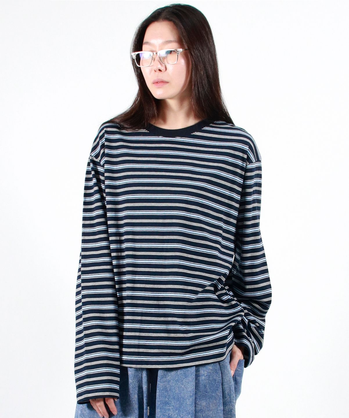 MUSINSA | DE MARC MULTI STRIPE LONG SLEEVE TEE - Navy