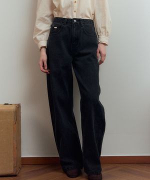 French Curved Denim Pants Black