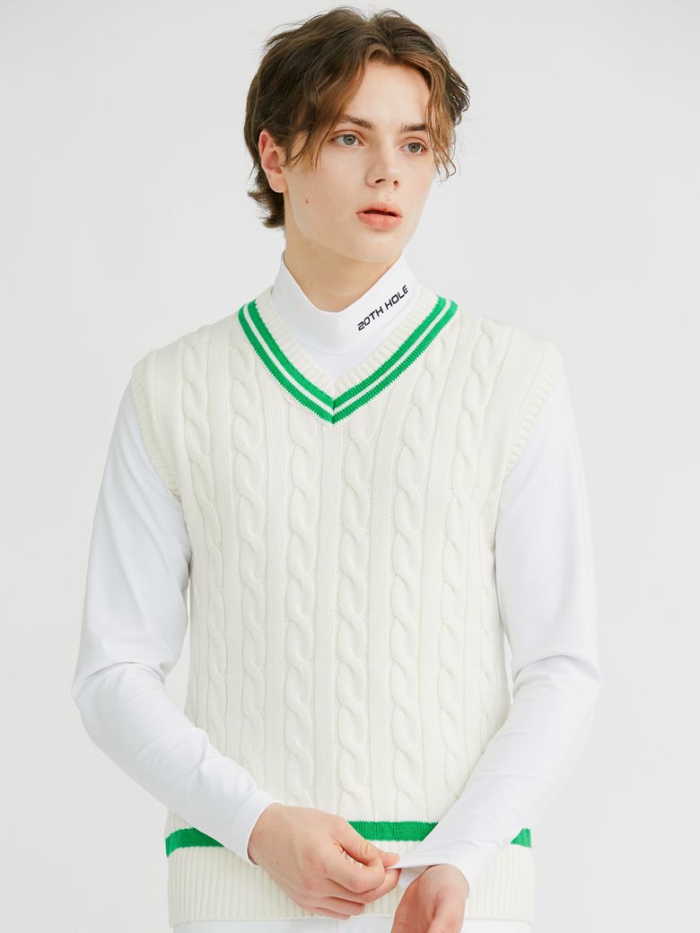 케이블 배색 브이넥 니트 베스트 [IVORY GREEN]