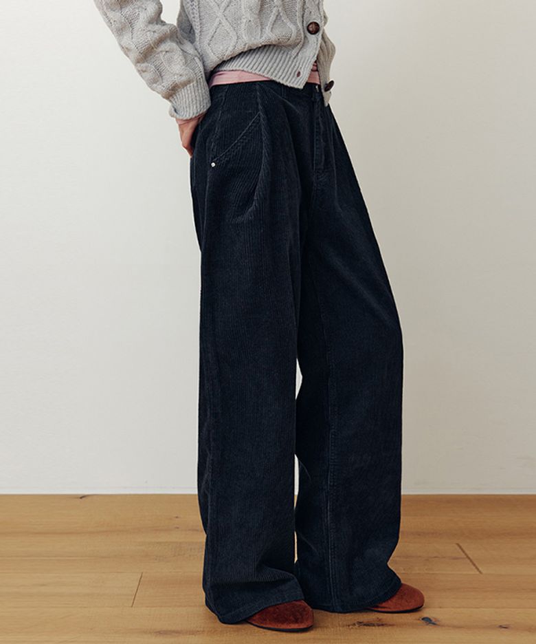 Side Pintuck Wide Corduroy Pants_EEFPT91_Navy