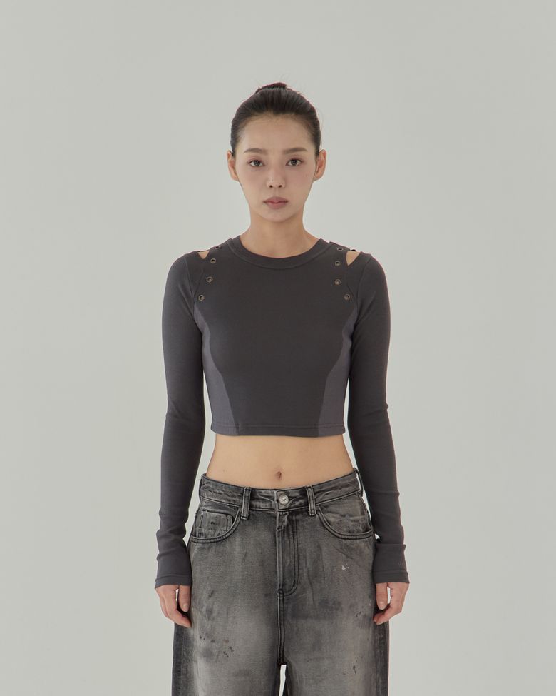 Eyelet Detail Crop Tee (Grey) / 25FWTS001GR