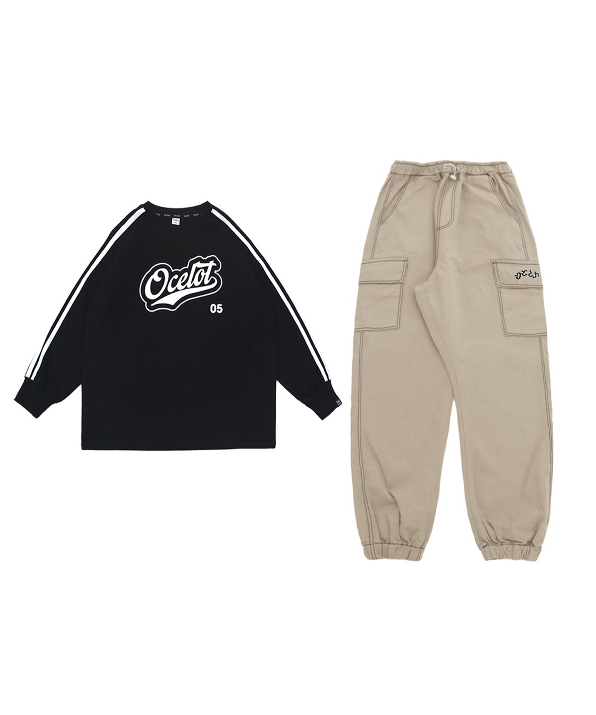 오실롯 주니어(OCELOT JUNIOR) [SET] 투라인 + 면 포인트로고 팬츠 (블랙/베이지)