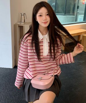 레이스 카라 스트라이프 티셔츠 OE6XE8230