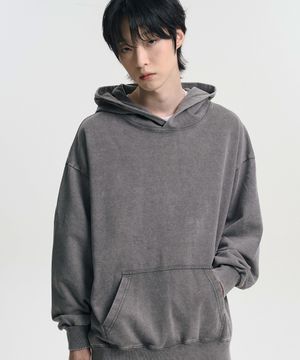 오버핏 피그먼트 스웨트 후드 티셔츠 카키 그레이