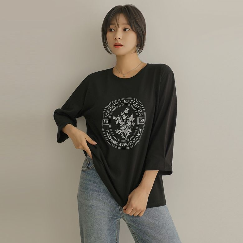 토히 프린팅 핀턱 칠부 티