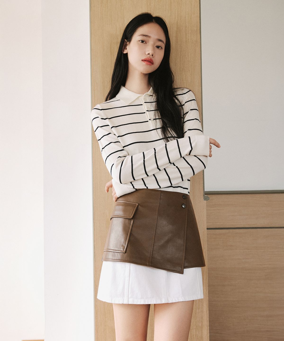 레프트서울(LEFTSEOUL) 신세틱 레더 레이어드 스커트 [브라운]