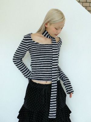 스카프 라운드 티셔츠(스트라이프 네이비)