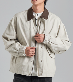 배색 카라 코튼 워크 자켓 (라이트 베이지)