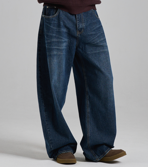 캣 워싱 커브드 와이드 데님 팬츠 (블루)