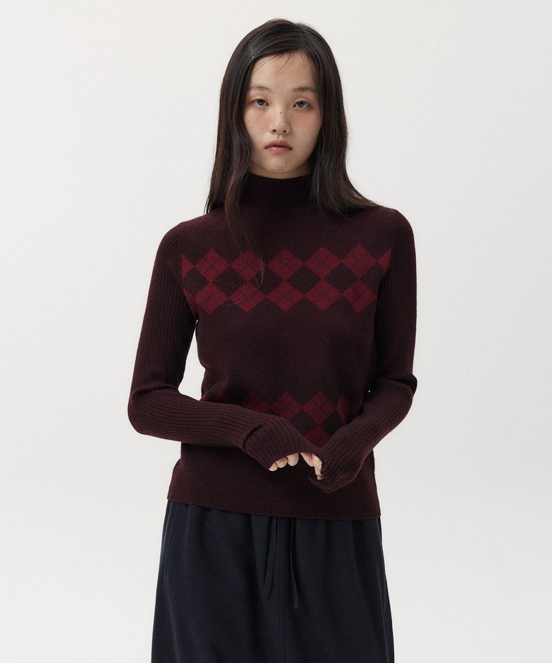 ARGYLE HALF NECK RIBBED KNIT, BURGUNDY